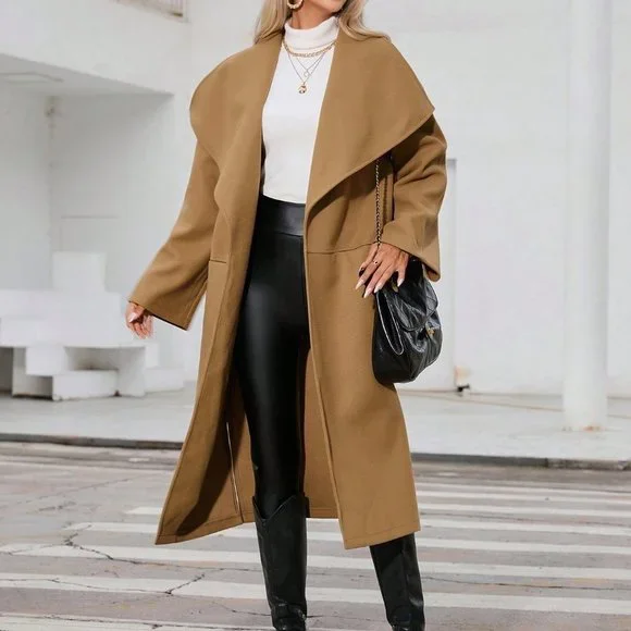 Khaki Preppy Womens Waterfall Collar Slant Pocket Overcoat - Picture 5 of 5